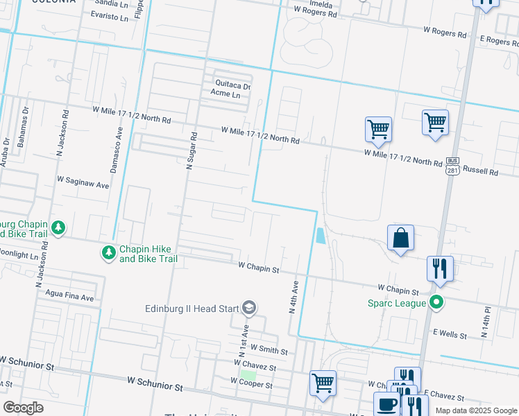 map of restaurants, bars, coffee shops, grocery stores, and more near 1107 Shavano Drive in Edinburg