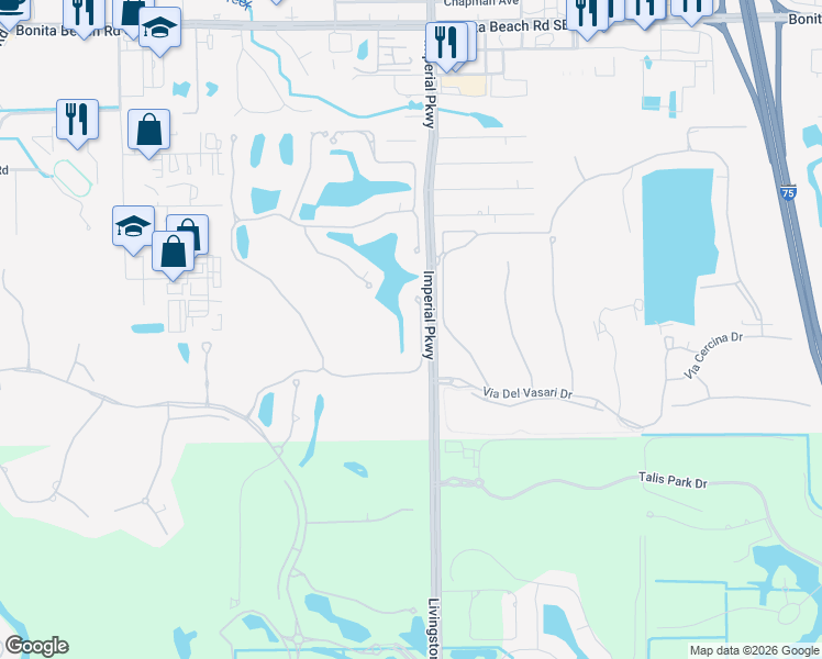 map of restaurants, bars, coffee shops, grocery stores, and more near 18212 Lagos Way in Naples