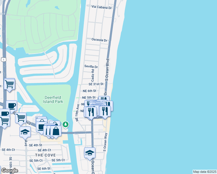 map of restaurants, bars, coffee shops, grocery stores, and more near 633 Northeast 21st Avenue in Deerfield Beach