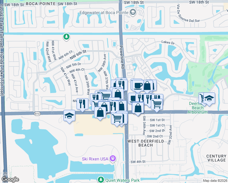 map of restaurants, bars, coffee shops, grocery stores, and more near 275 Northwest 36th Avenue in Deerfield Beach