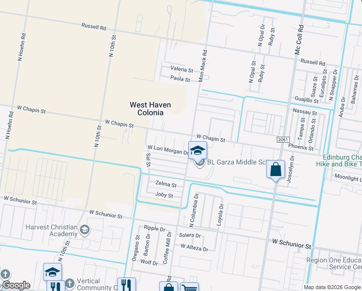 map of restaurants, bars, coffee shops, grocery stores, and more near 1341 North Loretta Lynn Drive in Edinburg