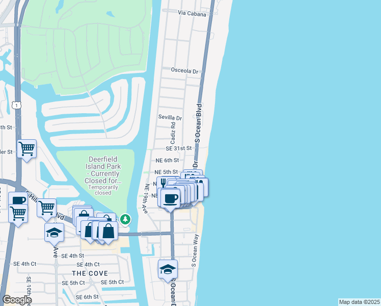 map of restaurants, bars, coffee shops, grocery stores, and more near 633 Northeast 21st Avenue in Deerfield Beach