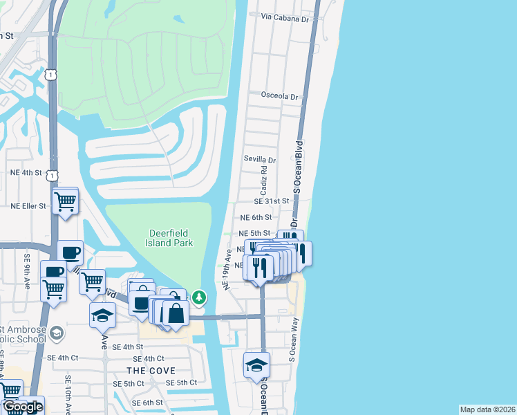 map of restaurants, bars, coffee shops, grocery stores, and more near 1950 Northeast 7th Street in Deerfield Beach
