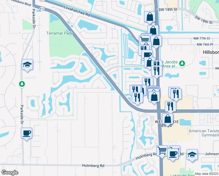 map of restaurants, bars, coffee shops, grocery stores, and more near 7204 Northwest 63rd Terrace in Parkland