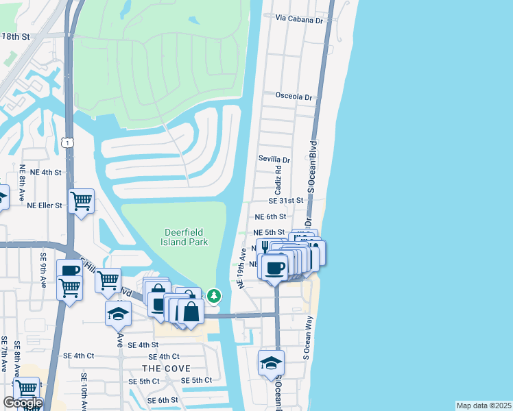 map of restaurants, bars, coffee shops, grocery stores, and more near 1912 Northeast 7th Street in Deerfield Beach