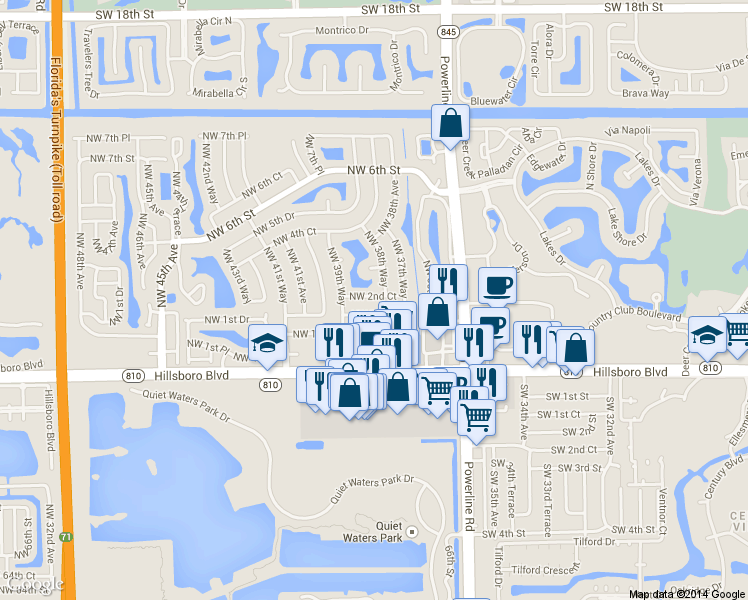 map of restaurants, bars, coffee shops, grocery stores, and more near 3880 Northwest 2nd Court in Deerfield Beach