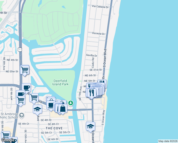 map of restaurants, bars, coffee shops, grocery stores, and more near 1912 Northeast 7th Street in Deerfield Beach