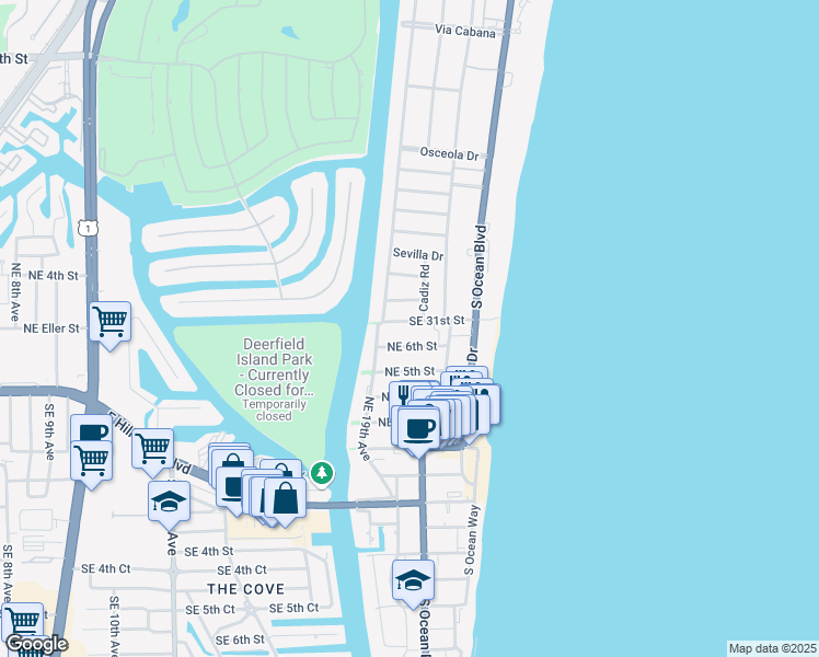 map of restaurants, bars, coffee shops, grocery stores, and more near 1912 Northeast 7th Street in Deerfield Beach