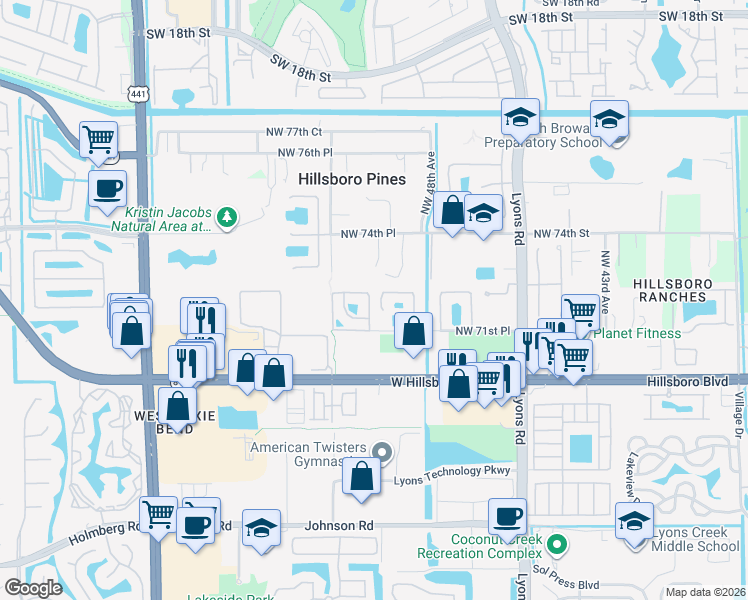map of restaurants, bars, coffee shops, grocery stores, and more near 7134 Pinecreek Way in Coconut Creek