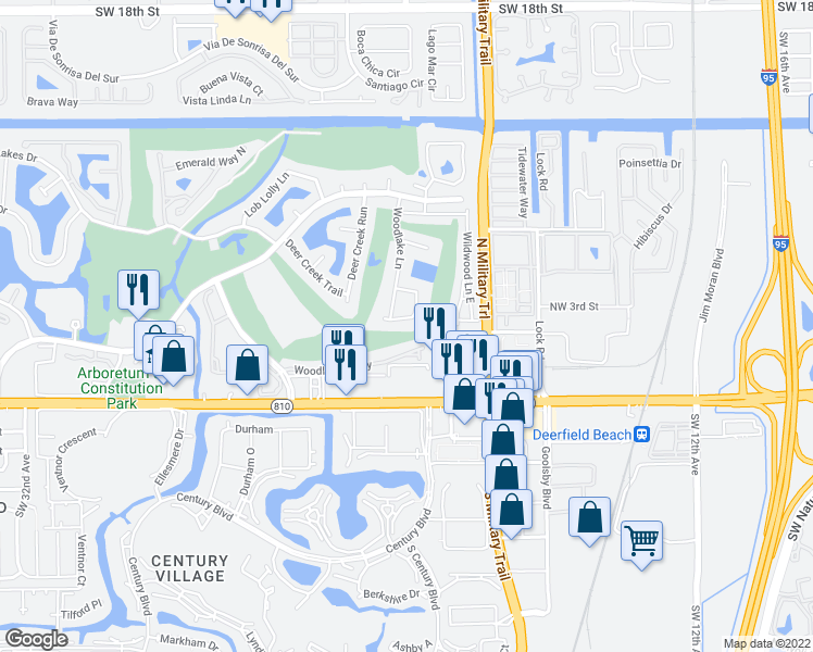 map of restaurants, bars, coffee shops, grocery stores, and more near 2022 Woodlake Circle in Deerfield Beach