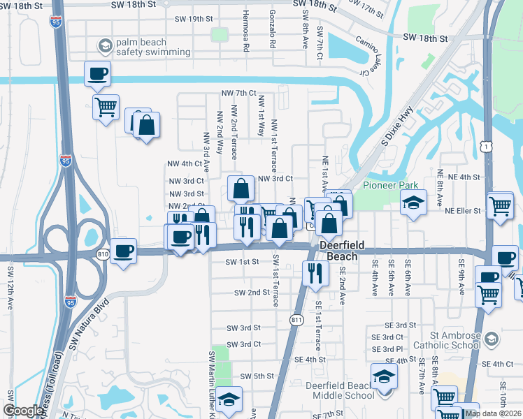 map of restaurants, bars, coffee shops, grocery stores, and more near 198 Northwest Eller Street in Deerfield Beach
