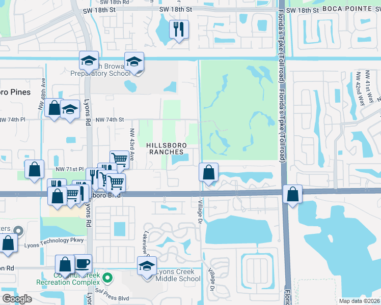 map of restaurants, bars, coffee shops, grocery stores, and more near 7135 Crescent Creek Place in Coconut Creek