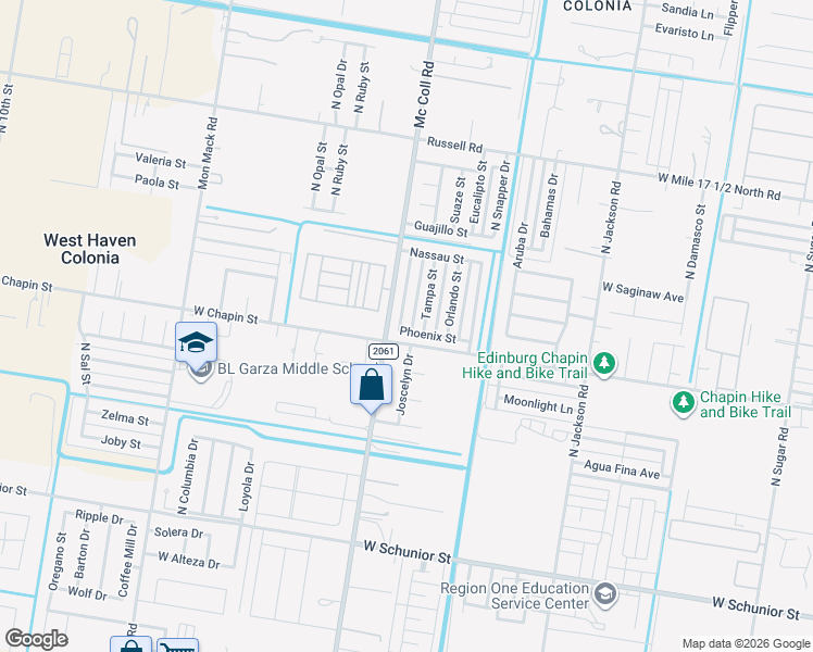 map of restaurants, bars, coffee shops, grocery stores, and more near 1401 Phoenix Street in Edinburg