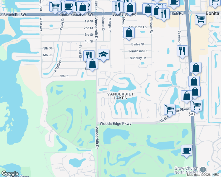map of restaurants, bars, coffee shops, grocery stores, and more near 28691 Winthrop Circle in Bonita Springs