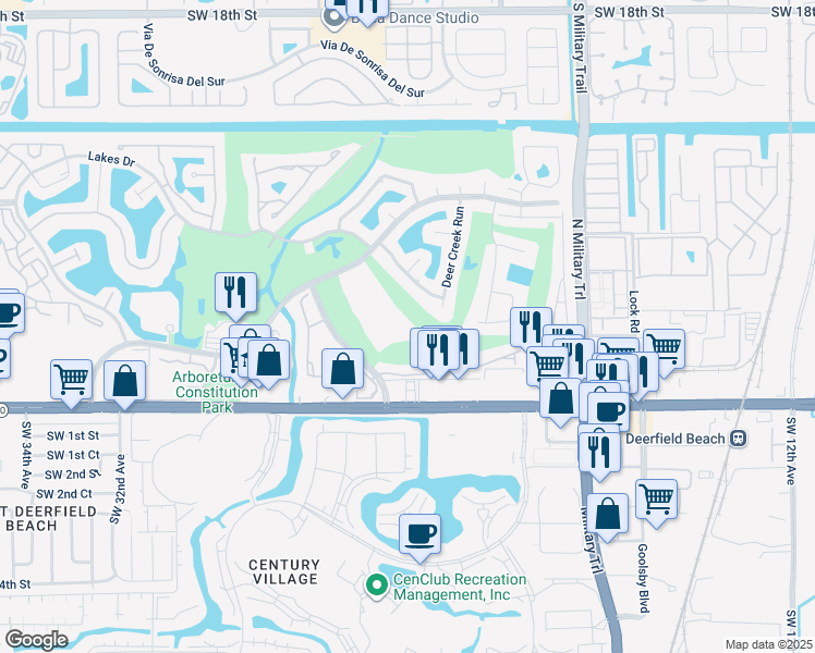map of restaurants, bars, coffee shops, grocery stores, and more near 2430 DC Country Club Boulevard in Deerfield Beach