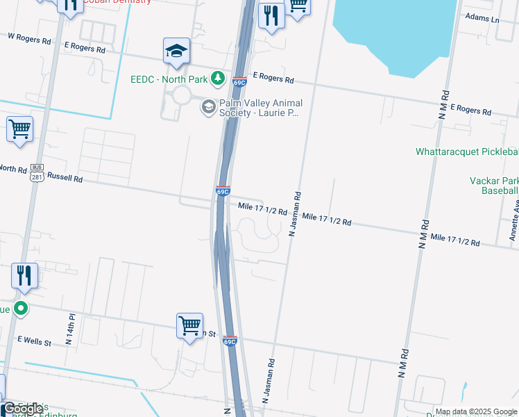 map of restaurants, bars, coffee shops, grocery stores, and more near 1817 East Mile 17 1/2 North in Edinburg