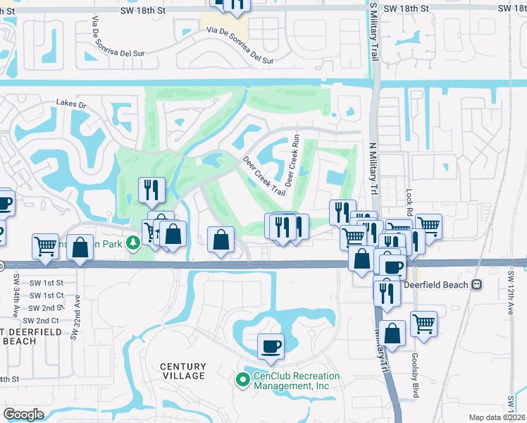 map of restaurants, bars, coffee shops, grocery stores, and more near 303 Deer Creek Run in Deerfield Beach