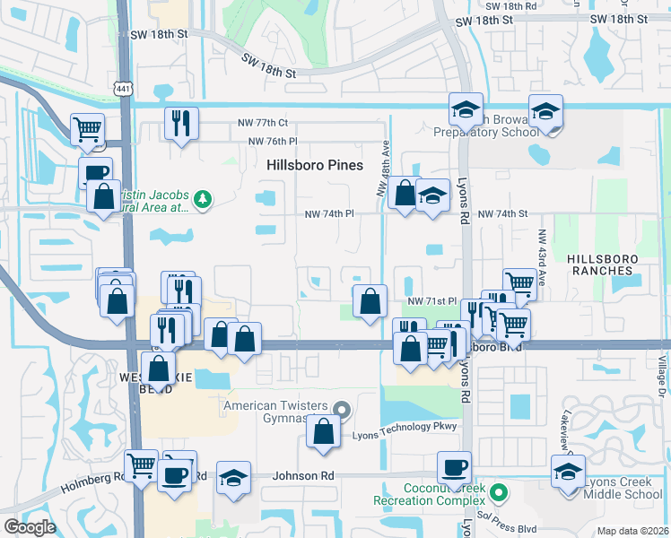 map of restaurants, bars, coffee shops, grocery stores, and more near 7134 Pinecreek Way in Coconut Creek