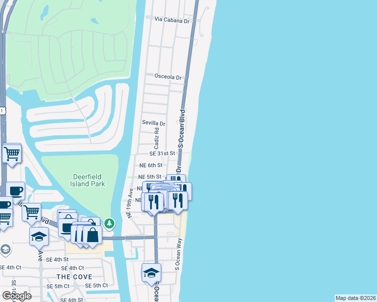 map of restaurants, bars, coffee shops, grocery stores, and more near 644 North Ocean Drive in Deerfield Beach