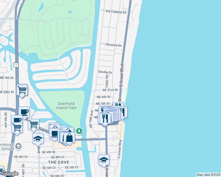 map of restaurants, bars, coffee shops, grocery stores, and more near 1968 Northeast 7th Street in Deerfield Beach