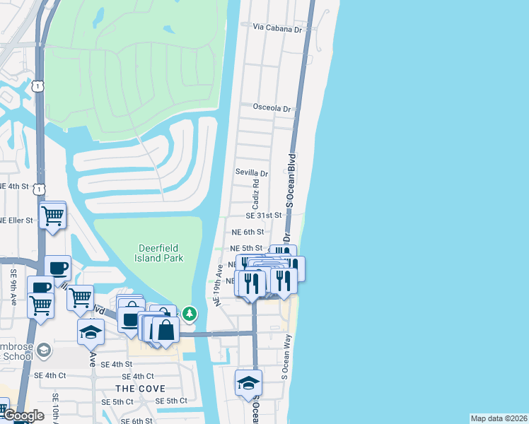 map of restaurants, bars, coffee shops, grocery stores, and more near 1968 Northeast 7th Street in Deerfield Beach