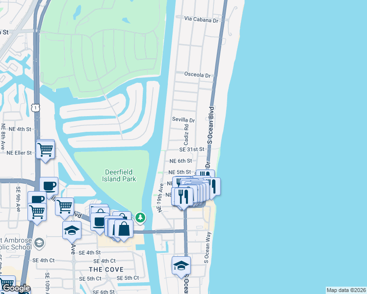 map of restaurants, bars, coffee shops, grocery stores, and more near 1968 Northeast 7th Street in Deerfield Beach