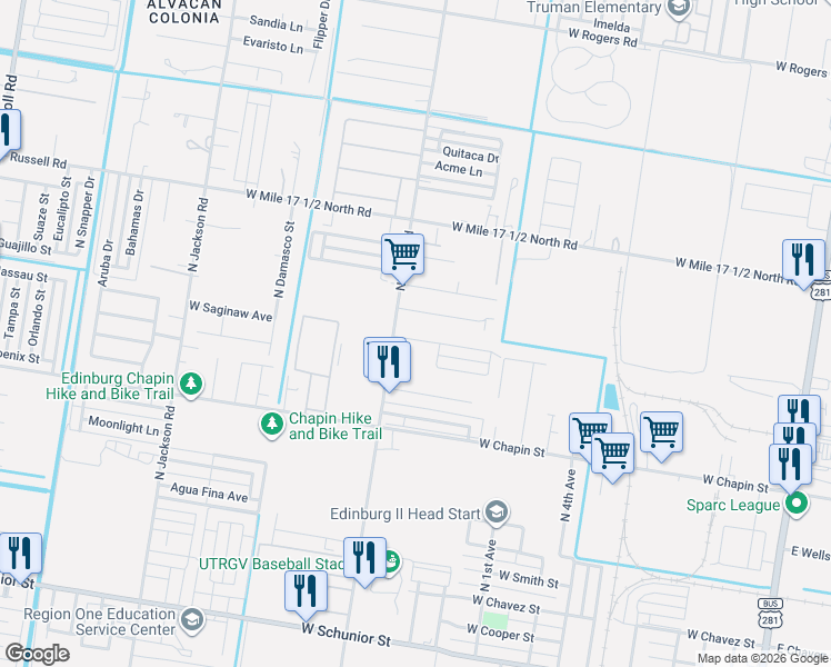 map of restaurants, bars, coffee shops, grocery stores, and more near 1512 North Sugar Road in Edinburg