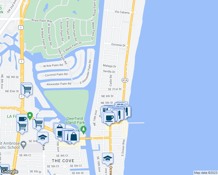 map of restaurants, bars, coffee shops, grocery stores, and more near 1968 Northeast 7th Street in Deerfield Beach