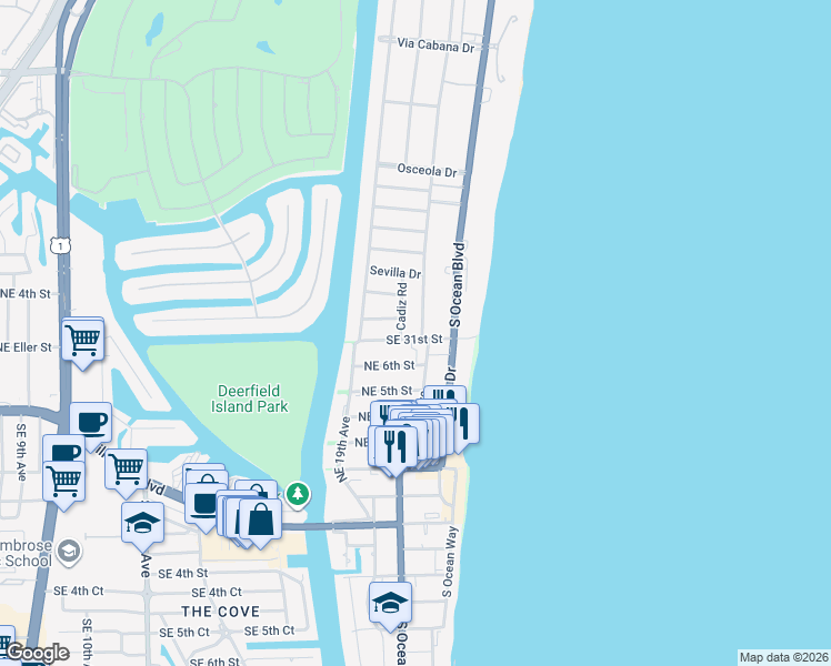 map of restaurants, bars, coffee shops, grocery stores, and more near 1968 Northeast 7th Street in Deerfield Beach