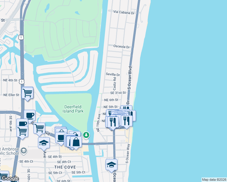 map of restaurants, bars, coffee shops, grocery stores, and more near 1968 Northeast 7th Street in Deerfield Beach