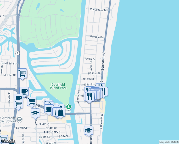 map of restaurants, bars, coffee shops, grocery stores, and more near 1968 Northeast 7th Street in Deerfield Beach
