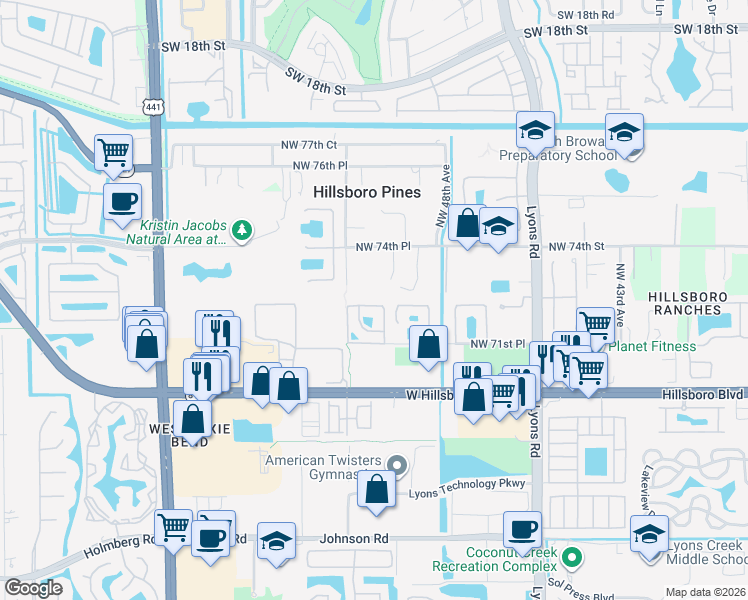 map of restaurants, bars, coffee shops, grocery stores, and more near 7134 Pinecreek Way in Coconut Creek
