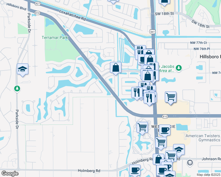 map of restaurants, bars, coffee shops, grocery stores, and more near 7204 Northwest 63rd Terrace in Parkland