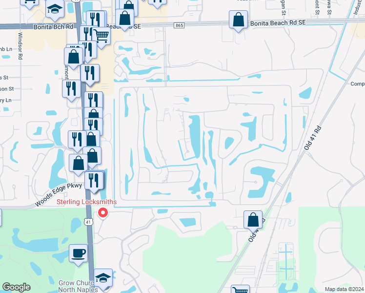 map of restaurants, bars, coffee shops, grocery stores, and more near 9860 Costa Mesa Lane in Bonita Springs