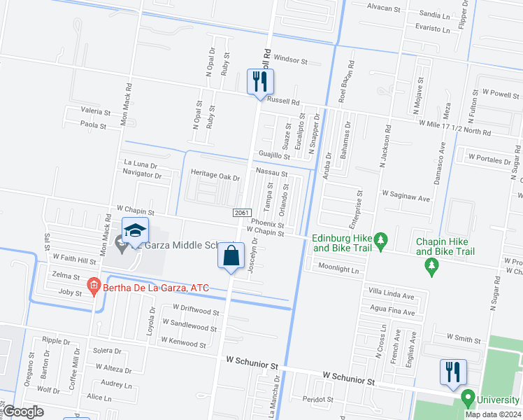 map of restaurants, bars, coffee shops, grocery stores, and more near 1402 Tampa Street in Edinburg