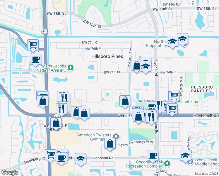 map of restaurants, bars, coffee shops, grocery stores, and more near 7134 Pinecreek Way in Coconut Creek