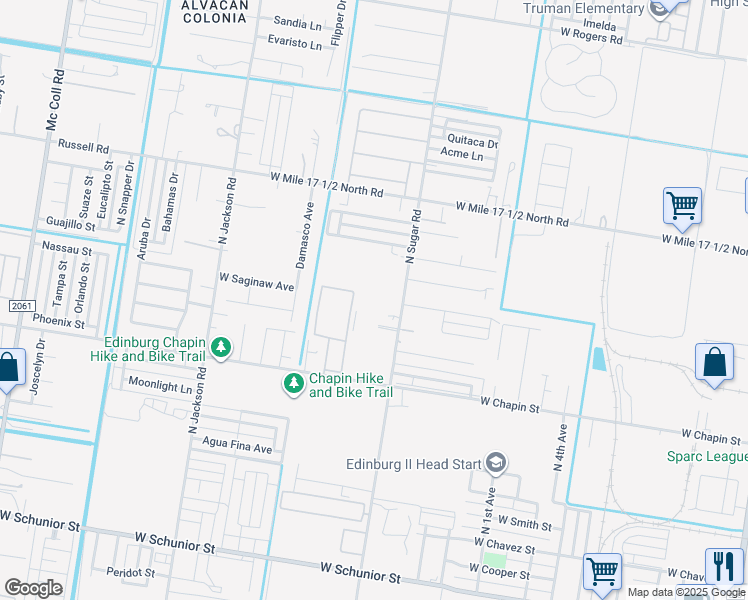 map of restaurants, bars, coffee shops, grocery stores, and more near 1523 North Sugar Road in Edinburg