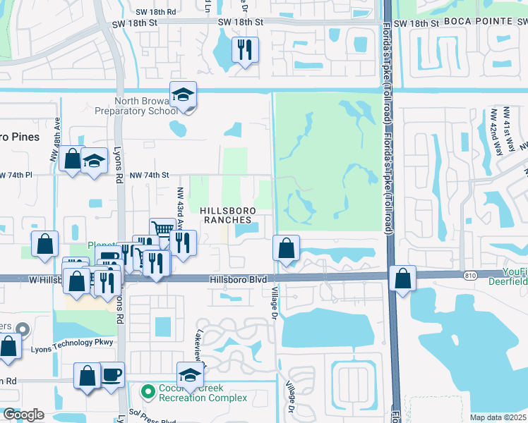 map of restaurants, bars, coffee shops, grocery stores, and more near 3913 Crescent Creek Drive in Coconut Creek