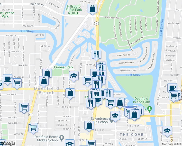 map of restaurants, bars, coffee shops, grocery stores, and more near 123 Northeast 9th Avenue in Deerfield Beach