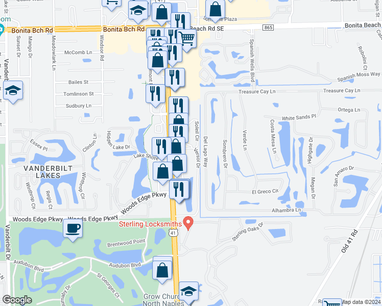 map of restaurants, bars, coffee shops, grocery stores, and more near 28701 South Tamiami Trail in Bonita Springs