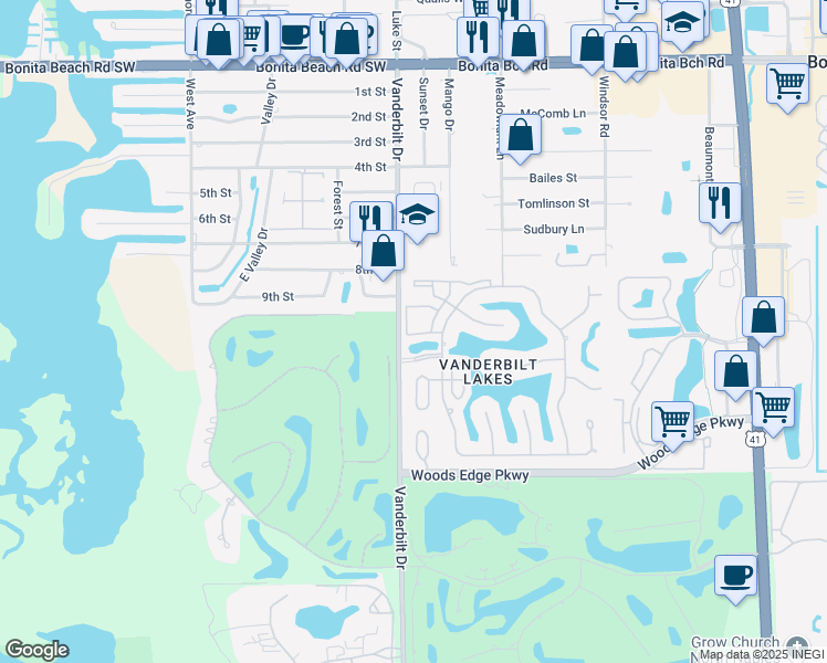 map of restaurants, bars, coffee shops, grocery stores, and more near 289 Charleston Court in Naples