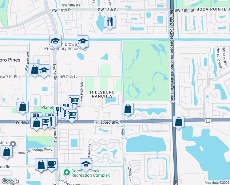 map of restaurants, bars, coffee shops, grocery stores, and more near 3943 Crescent Creek Drive in Coconut Creek