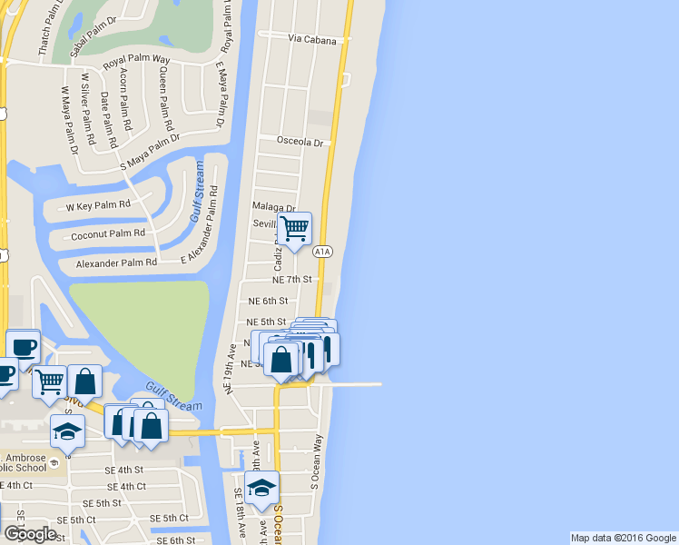 map of restaurants, bars, coffee shops, grocery stores, and more near 3051 South Ocean Boulevard in Boca Raton