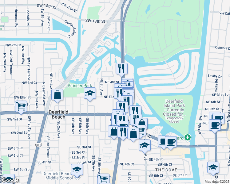 map of restaurants, bars, coffee shops, grocery stores, and more near 123 Northeast 9th Avenue in Deerfield Beach