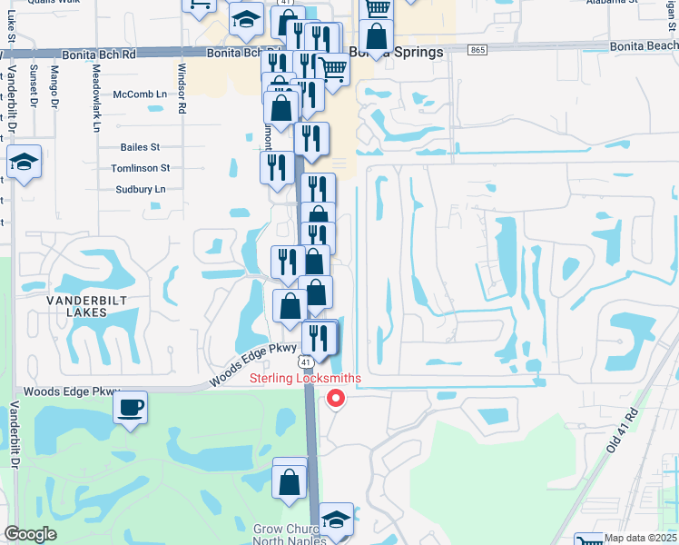 map of restaurants, bars, coffee shops, grocery stores, and more near 28790 Versol Drive in Bonita Springs