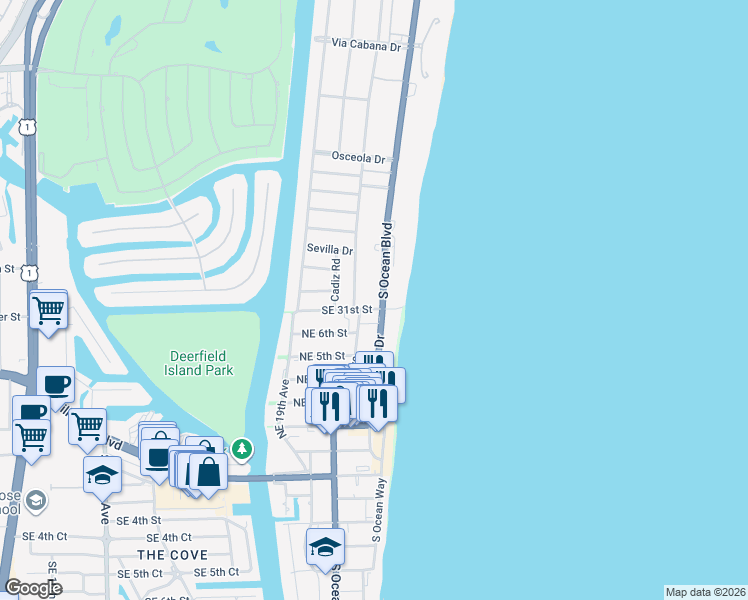 map of restaurants, bars, coffee shops, grocery stores, and more near 3051 South Ocean Boulevard in Boca Raton