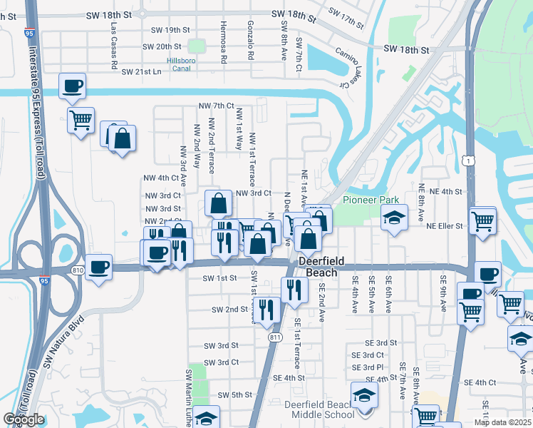 map of restaurants, bars, coffee shops, grocery stores, and more near 349 Northwest 1st Avenue in Deerfield Beach