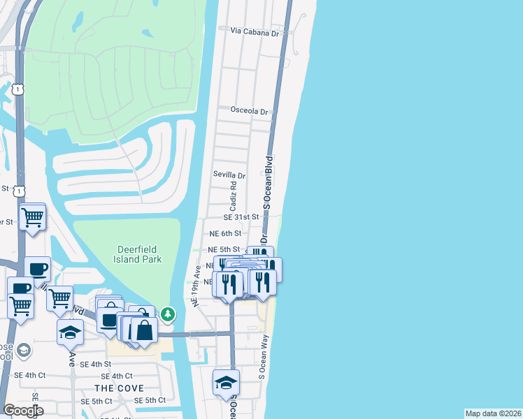 map of restaurants, bars, coffee shops, grocery stores, and more near 2929 South Ocean Boulevard in Boca Raton