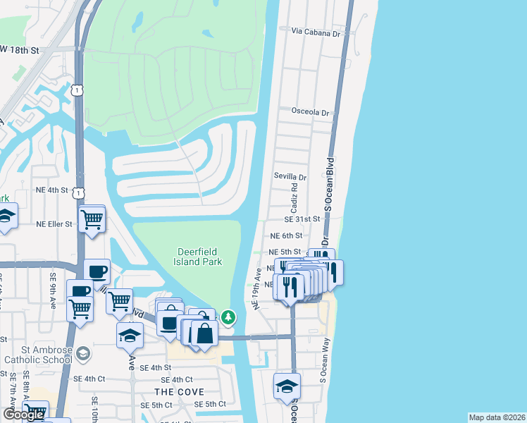 map of restaurants, bars, coffee shops, grocery stores, and more near 2990 Spanish River Road in Boca Raton
