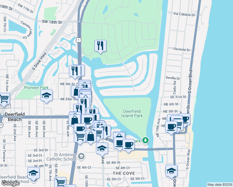 map of restaurants, bars, coffee shops, grocery stores, and more near 195 Alexander Palm Road in Boca Raton